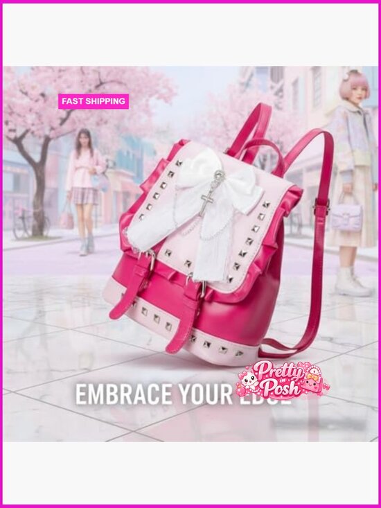 Mini Studded Lace Bow Backpack with Cross Charm, Gothic Rivet Backpack main image 7